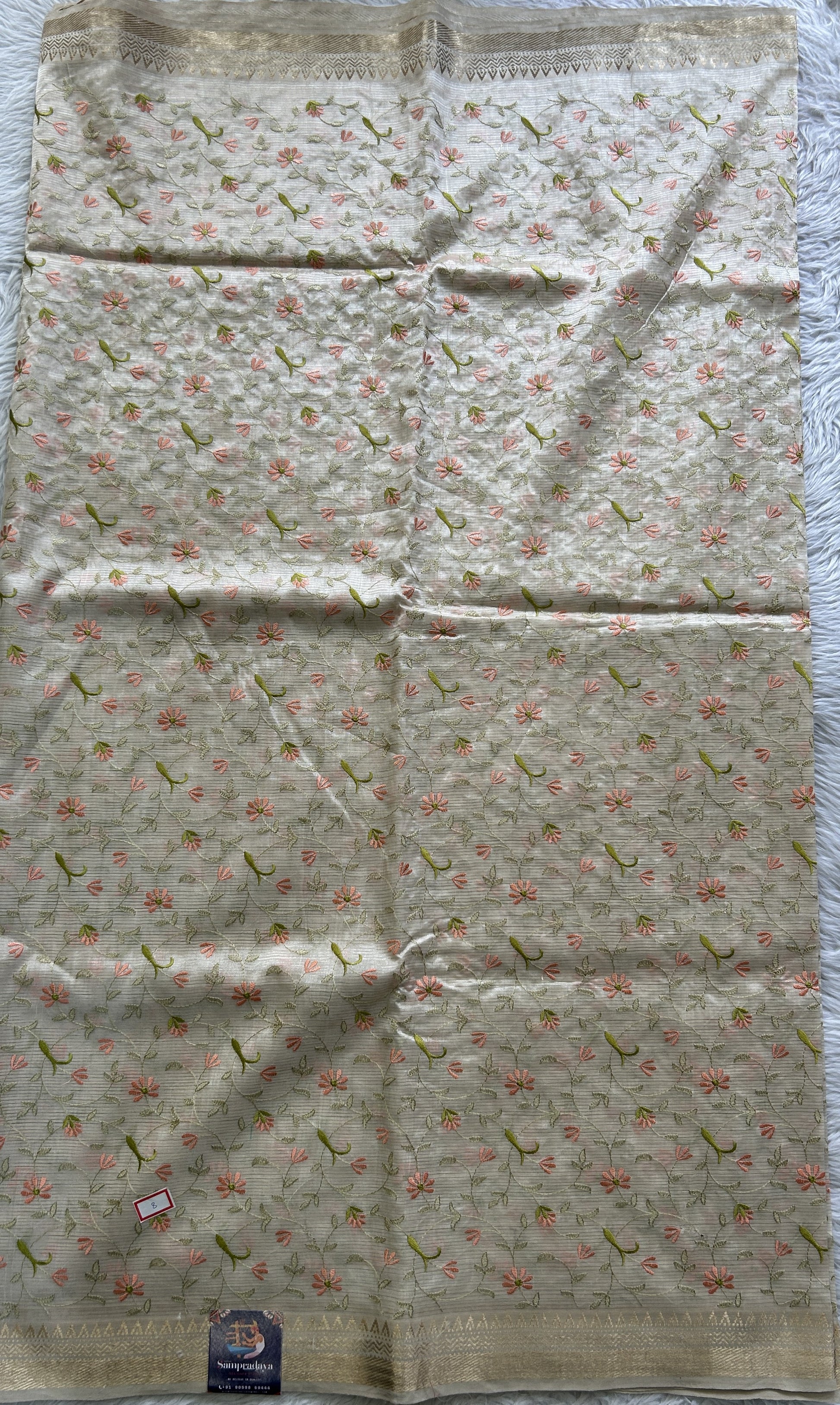 Mangalagiri Chikankari Saree Cream colored complemented with a Zari Border. - Sampradaya Designer Studio