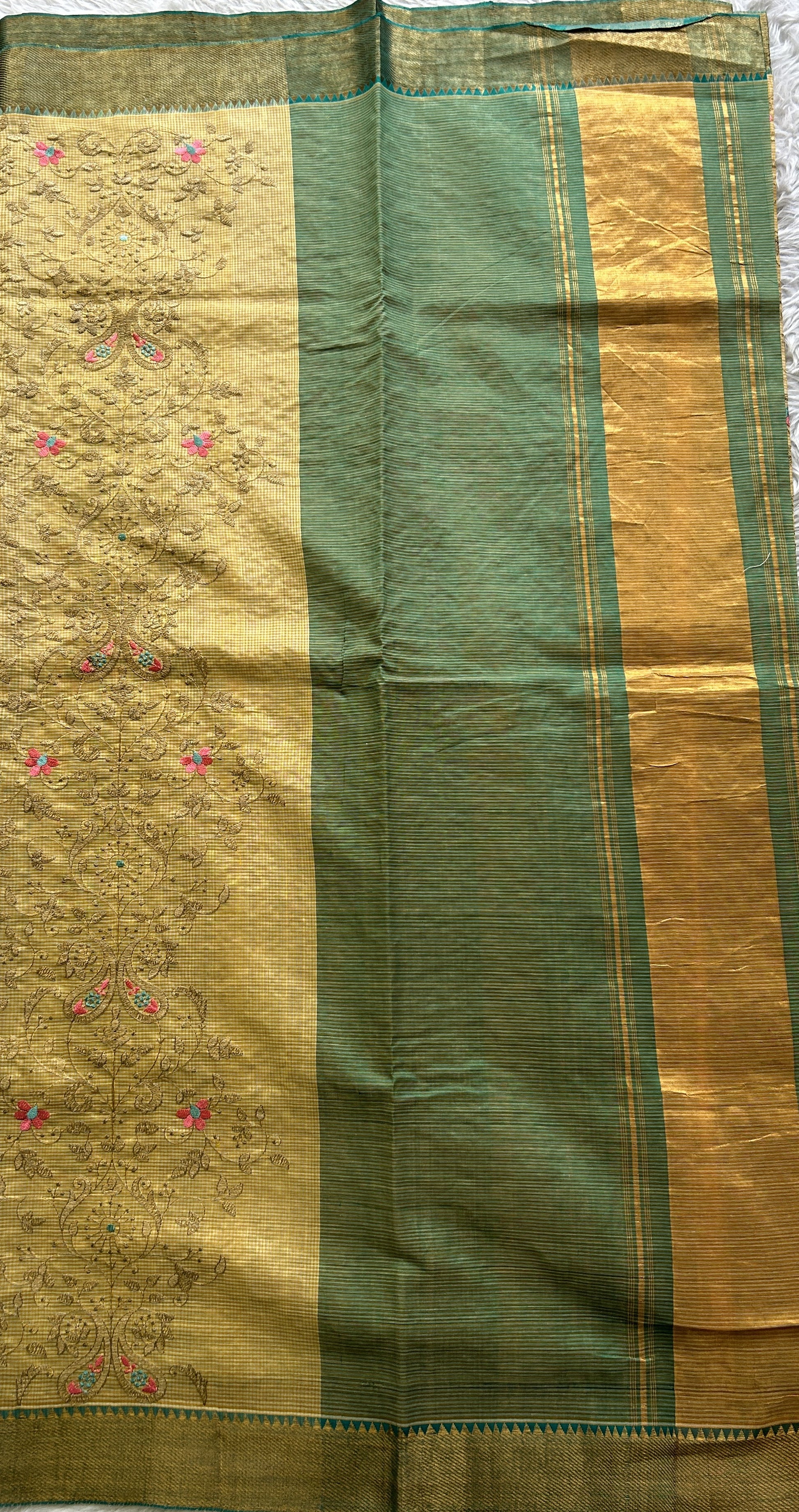 Mangalagiri Chikankari Saree Sandal colored complemented with a Zari Border. - Sampradaya Designer Studio