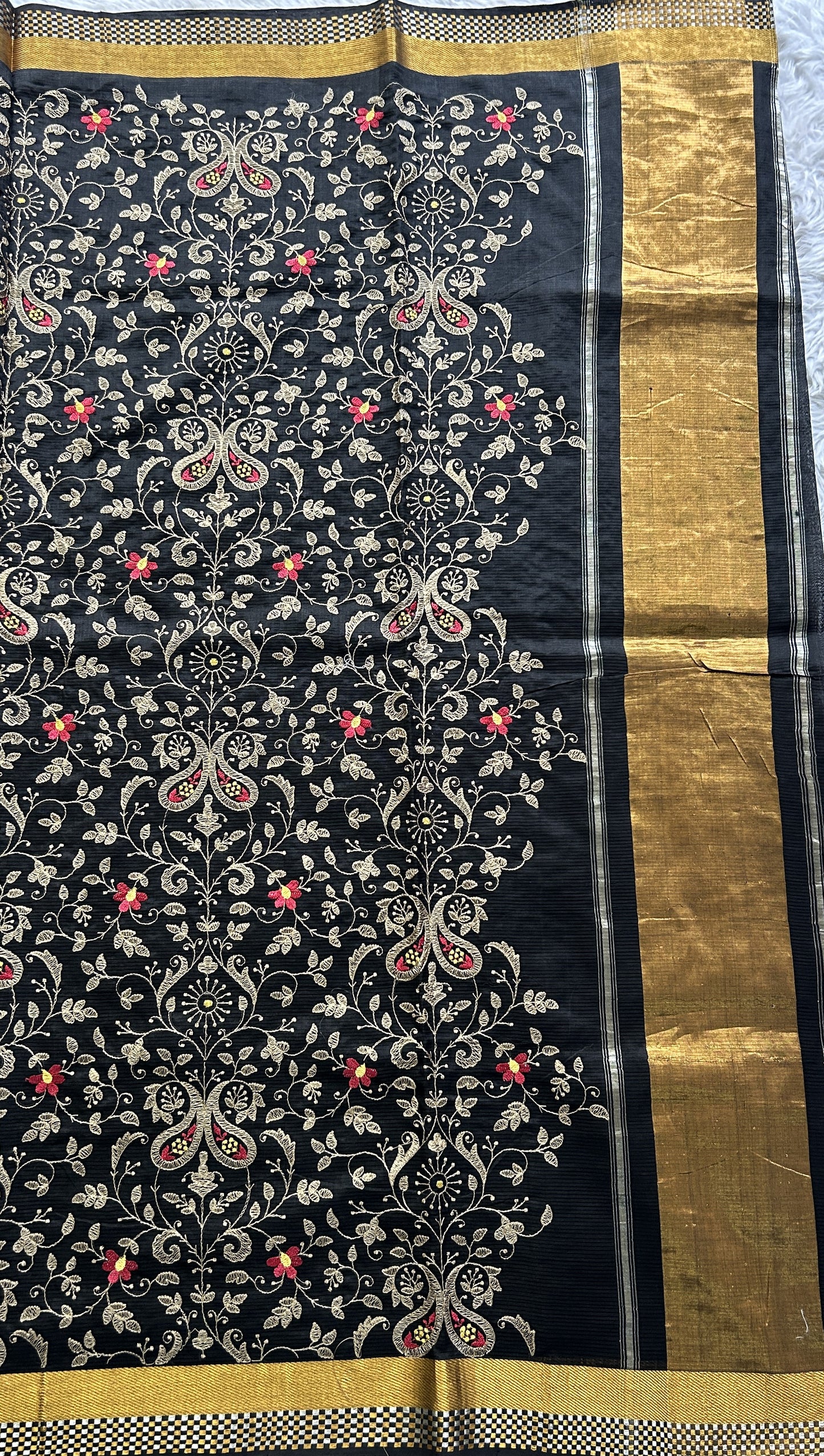 Mangalagiri Chikankari Saree Black colored complemented with a Zari Border. - Sampradaya Designer Studio