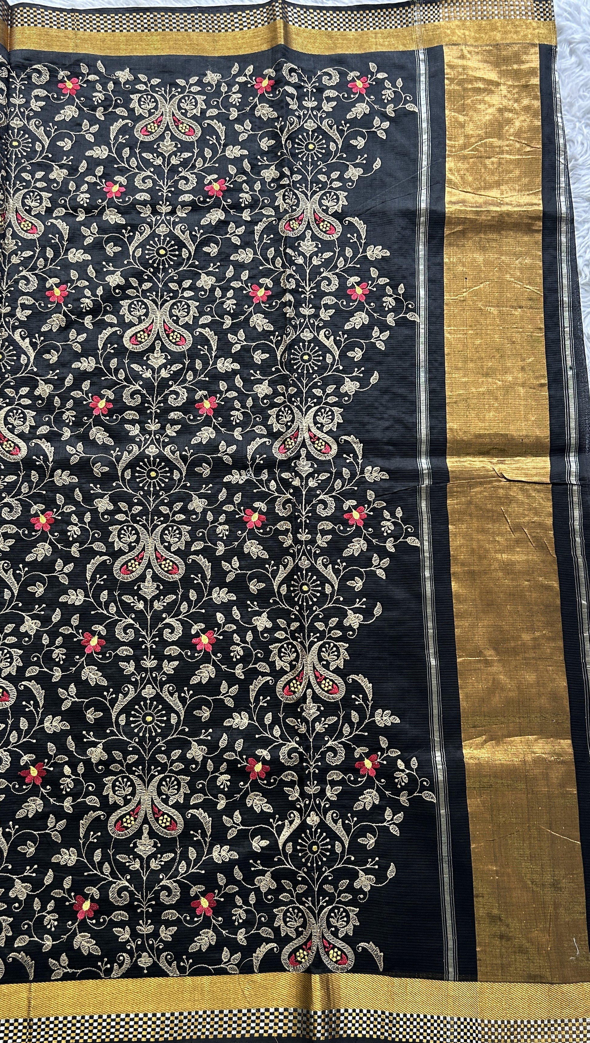 Mangalagiri Chikankari Saree Black colored complemented with a Zari Border. - Sampradaya Designer Studio