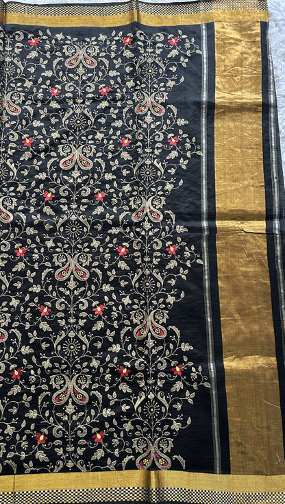 Mangalagiri Chikankari Saree Black colored complemented with a Zari Border. - Sampradaya Designer Studio