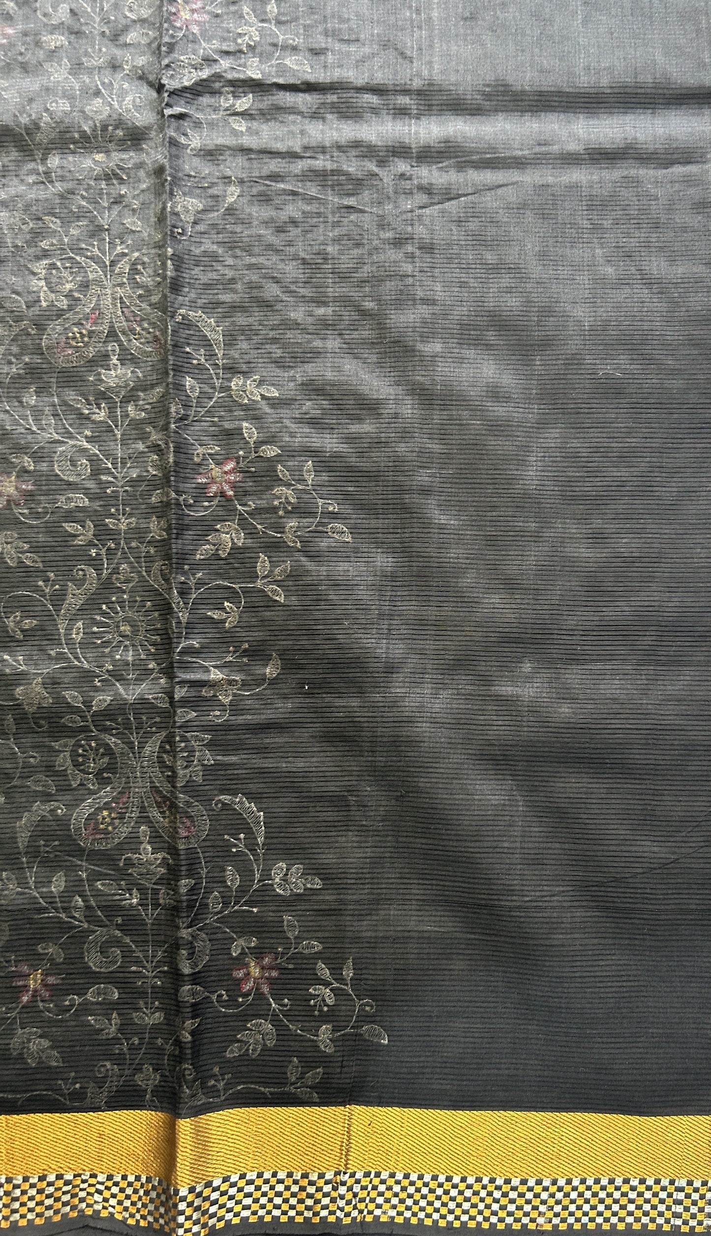 Mangalagiri Chikankari Saree Black colored complemented with a Zari Border. - Sampradaya Designer Studio