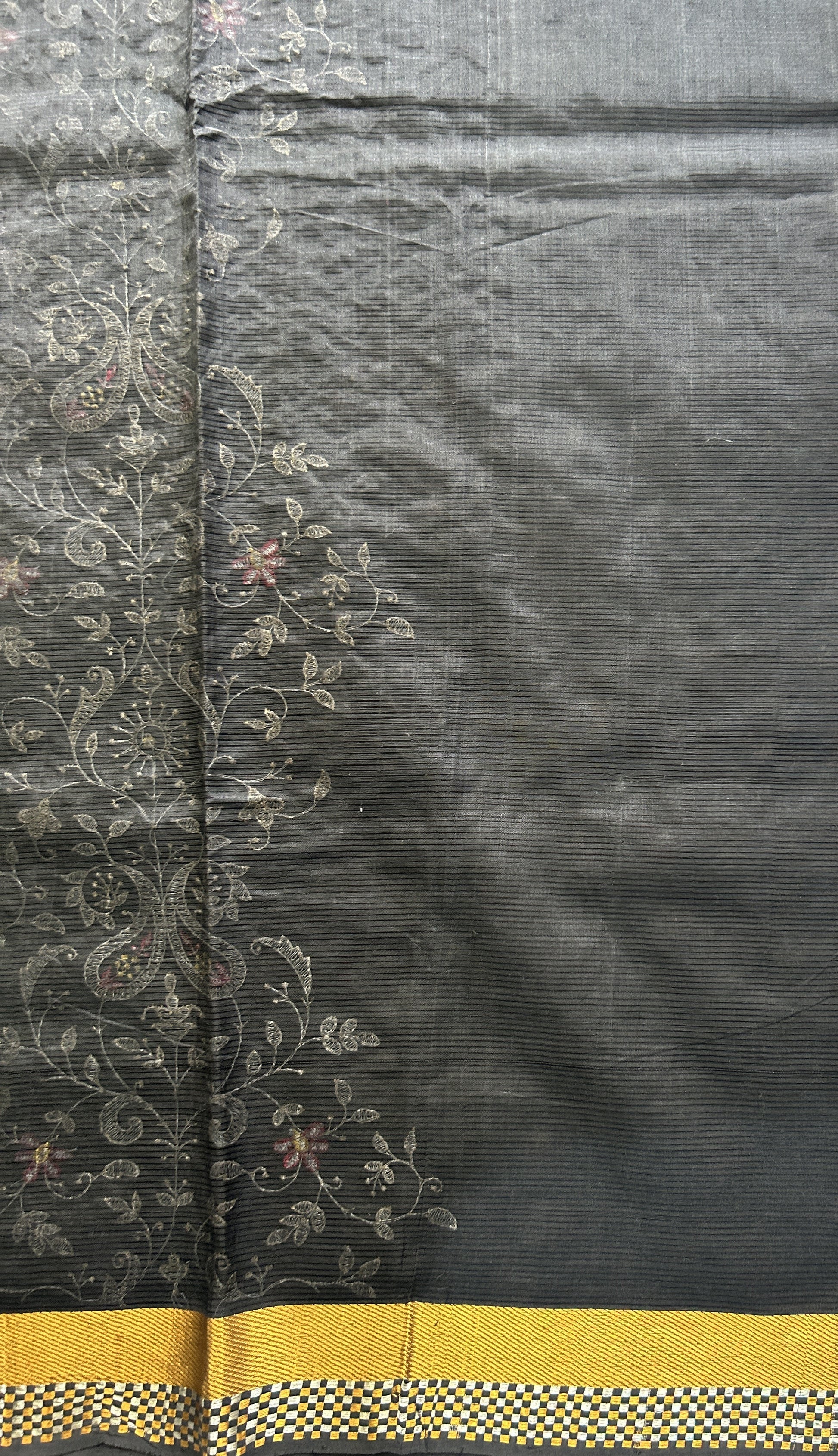 Mangalagiri Chikankari Saree Black colored complemented with a Zari Border. - Sampradaya Designer Studio