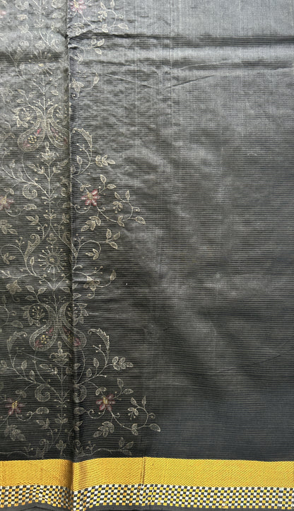 Mangalagiri Chikankari Saree Black colored complemented with a Zari Border. - Sampradaya Designer Studio