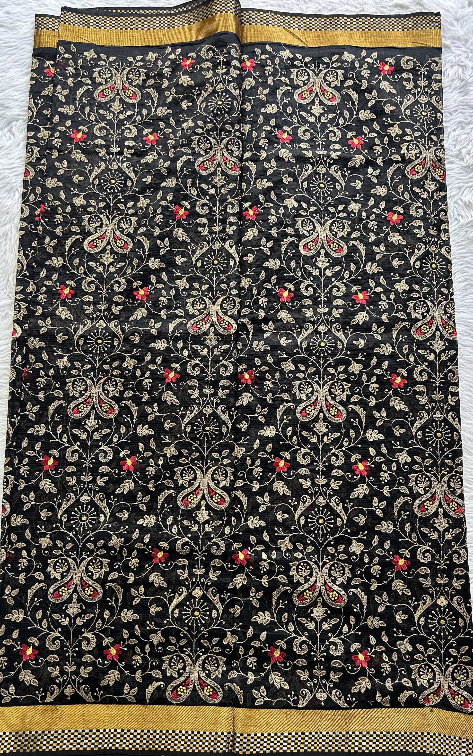 Mangalagiri Chikankari Saree Black colored complemented with a Zari Border. - Sampradaya Designer Studio
