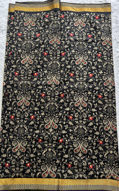 Mangalagiri Chikankari Saree Black colored complemented with a Zari Border. - Sampradaya Designer Studio