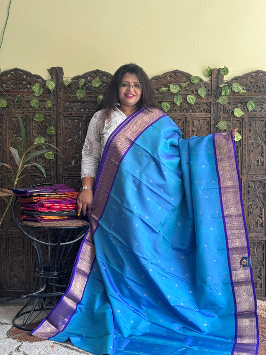 Pure Kanjivaram Silk Saree Sky Blue Colored Complemented with Violet color Border with a Gold Zari Weaving. - Sampradaya Designer Studio