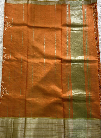 Mangalagiri Chikankari Saree Orange colored complemented with a Mangalagiri Kanchi Border. - Sampradaya Designer Studio