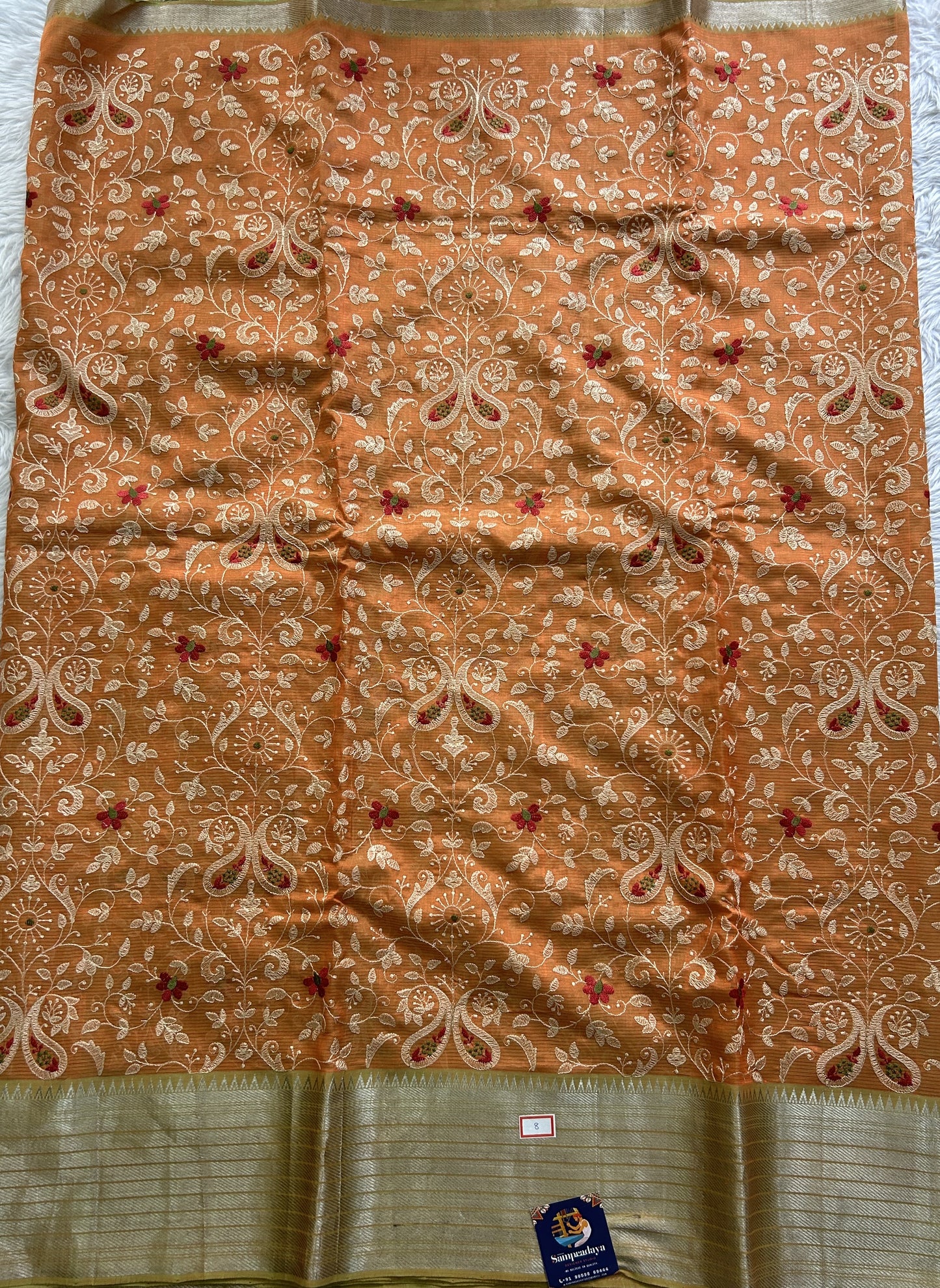Mangalagiri Chikankari Saree Orange colored complemented with a Mangalagiri Kanchi Border. - Sampradaya Designer Studio
