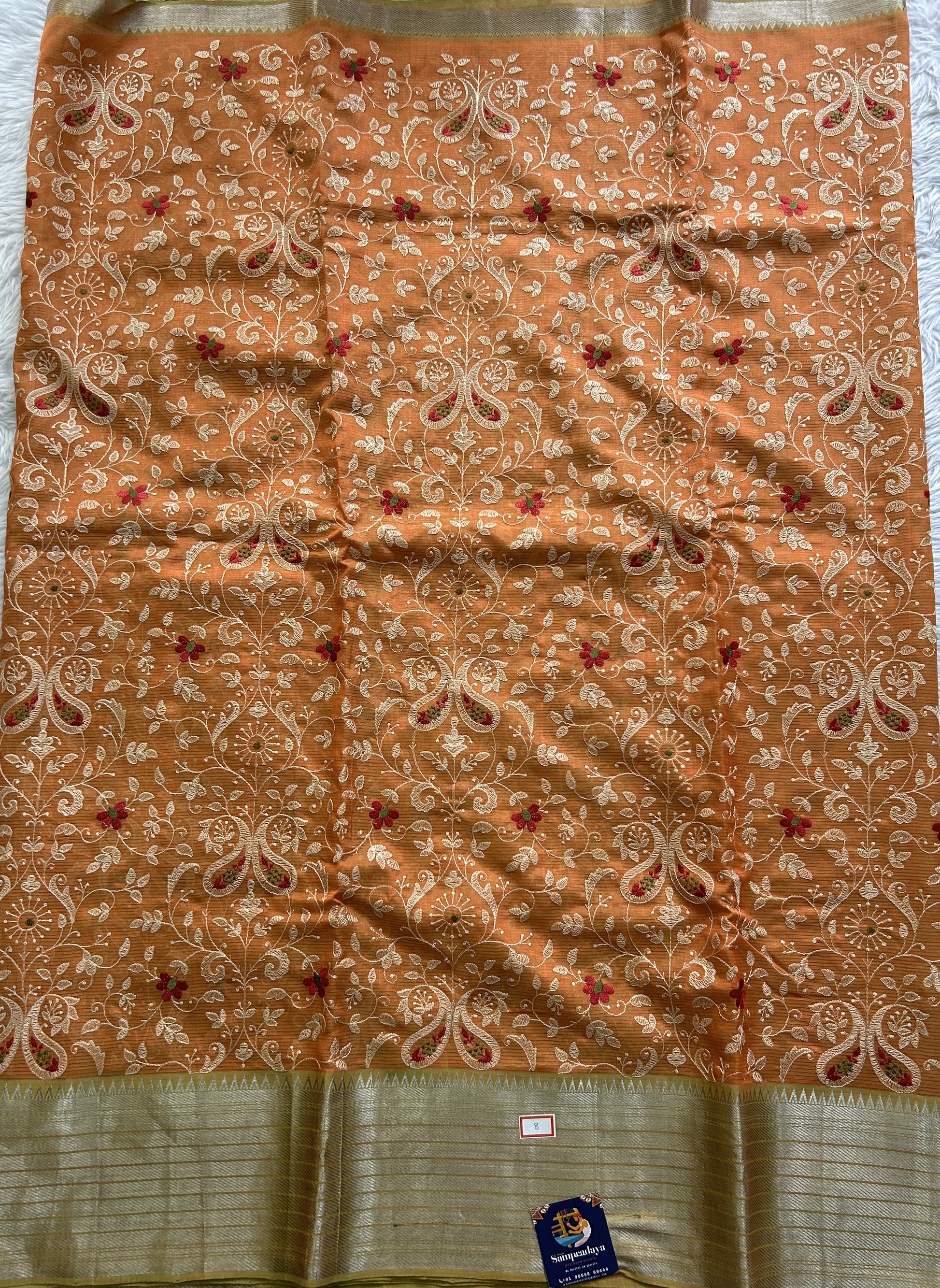 Mangalagiri Chikankari Saree Orange colored complemented with a Mangalagiri Kanchi Border. - Sampradaya Designer Studio