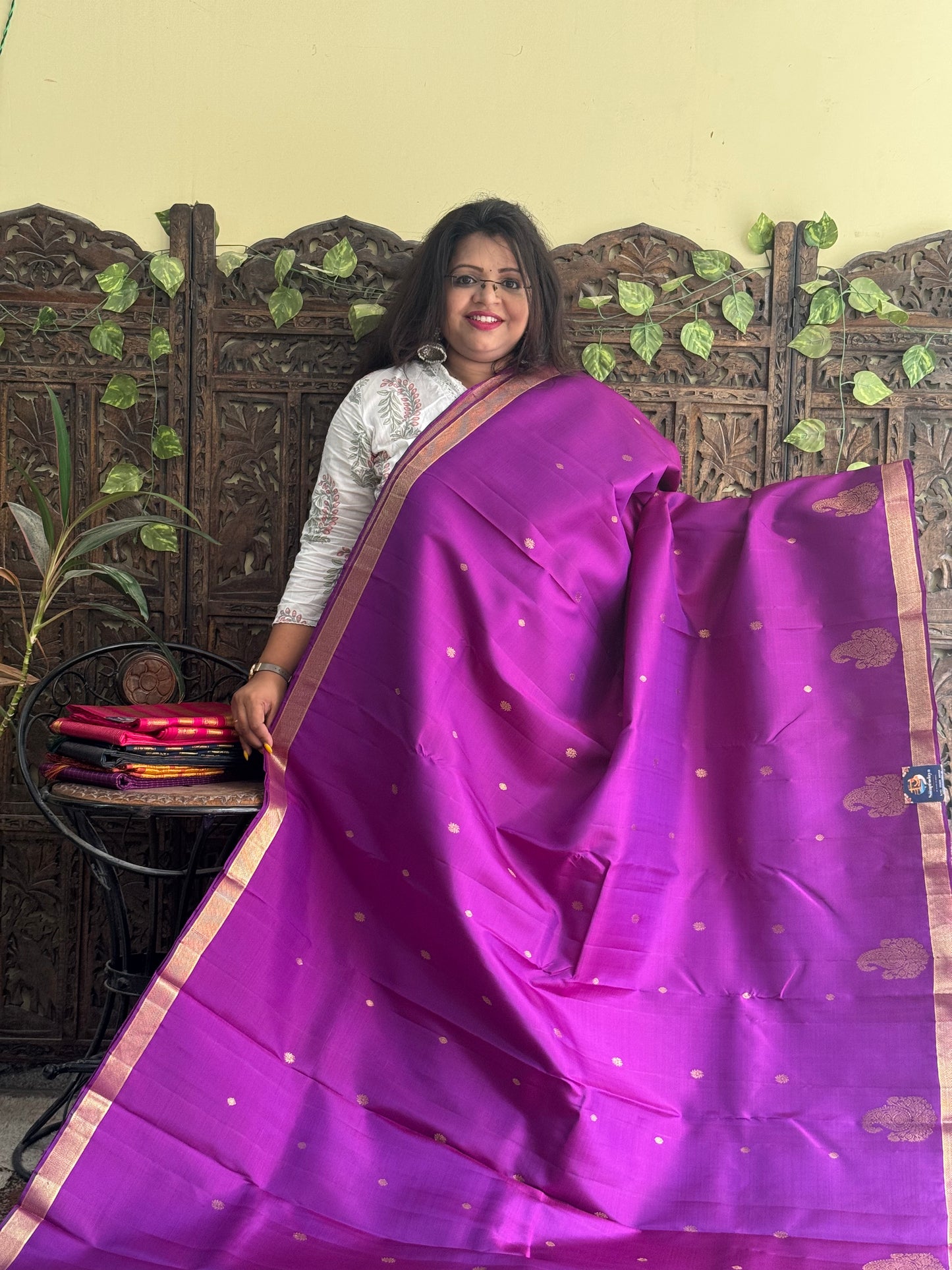 Pure Kanjivaram Silk Saree Violet Complemented with a Gold Zari Border. - Sampradaya Designer Studio