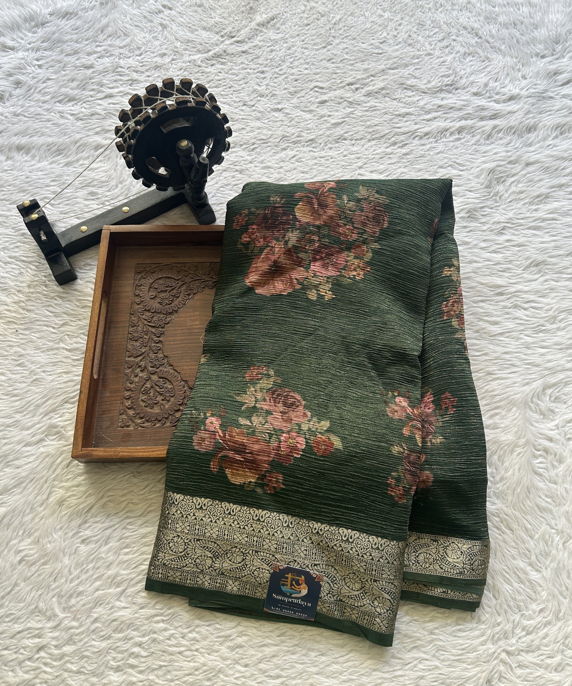 Banarasi Fancy Crushed Saree Bottle Green Colored Complemented with a Zari Border. - Sampradaya Designer Studio