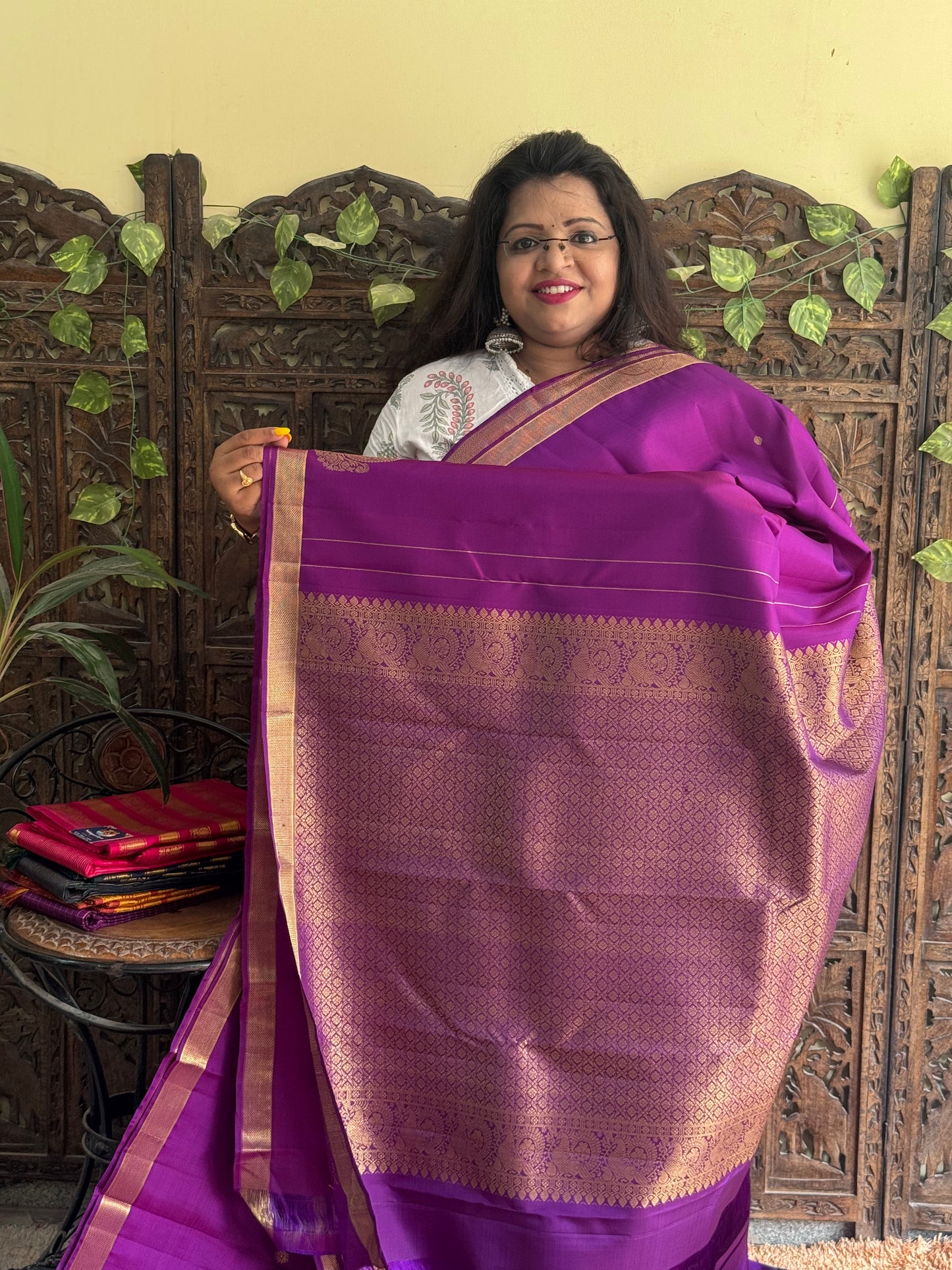 Pure Kanjivaram Silk Saree Violet Complemented with a Gold Zari Border. - Sampradaya Designer Studio