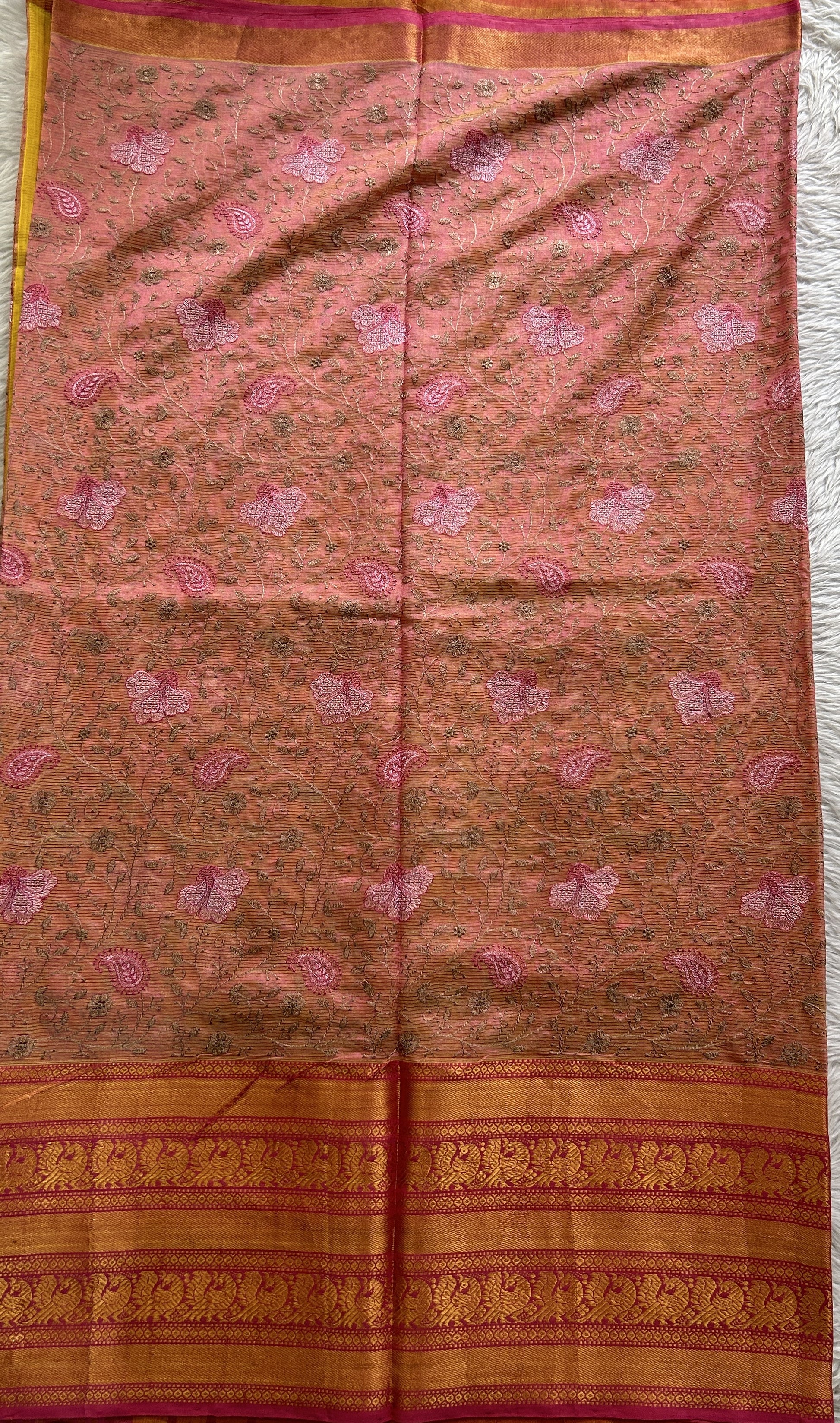 Mangalagiri Chikankari Saree Pink colored complemented with a Mangalagiri Kanchi Border. - Sampradaya Designer Studio