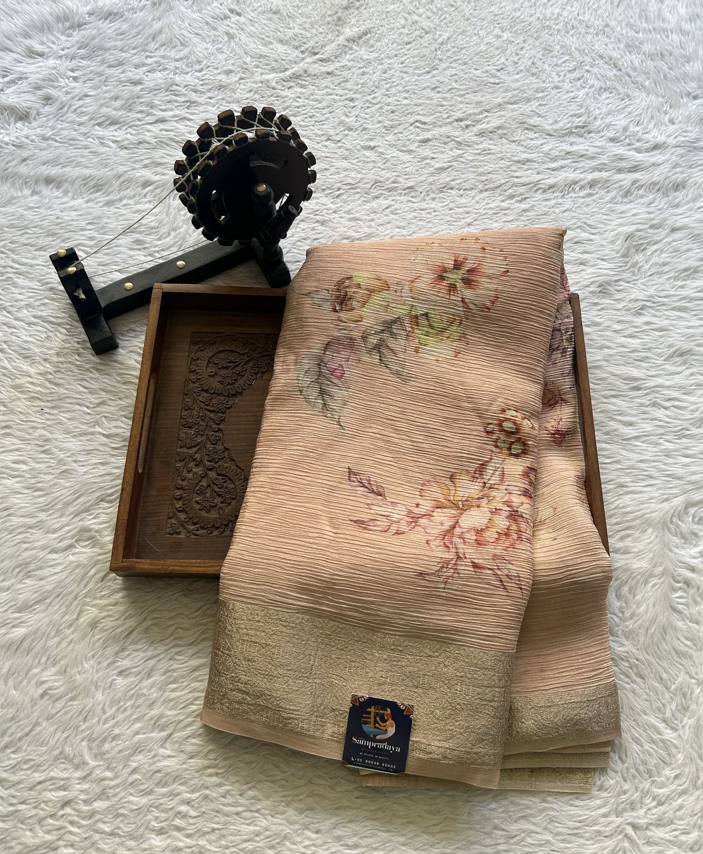 Banarasi Fancy Crushed Saree Light Peach Colored Complemented with a Zari Border. - Sampradaya Designer Studio