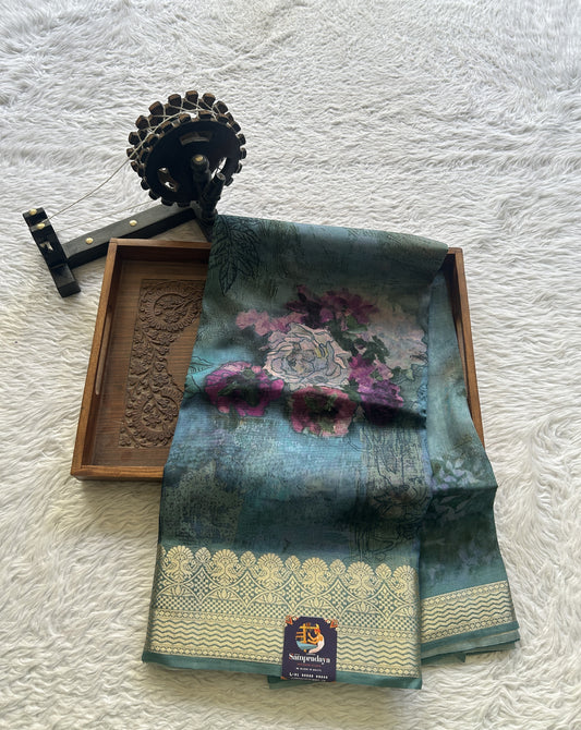 Banarasi Soft Silk Saree Teal Blue Colored Complemented with a Zari Border. - Sampradaya Designer Studio