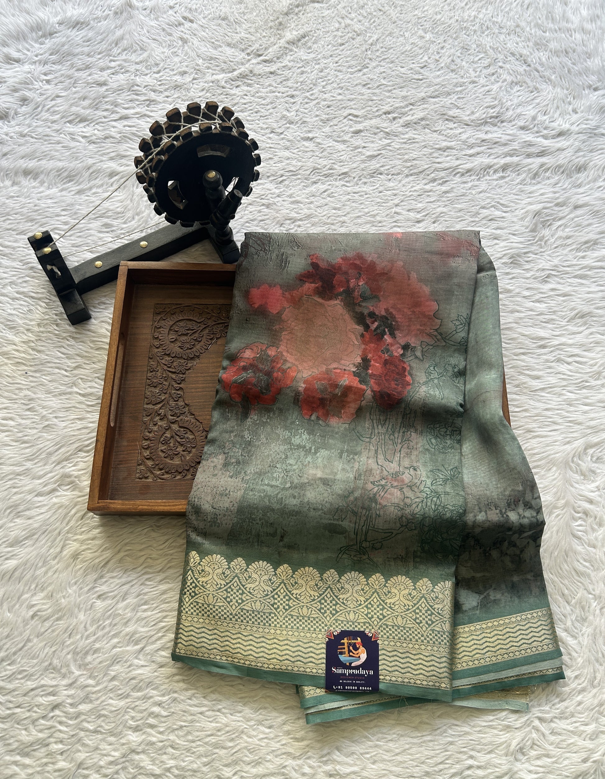 Banarasi Soft Silk Saree Dark Turquoise Green Colored Complemented with a Zari Border. - Sampradaya Designer Studio