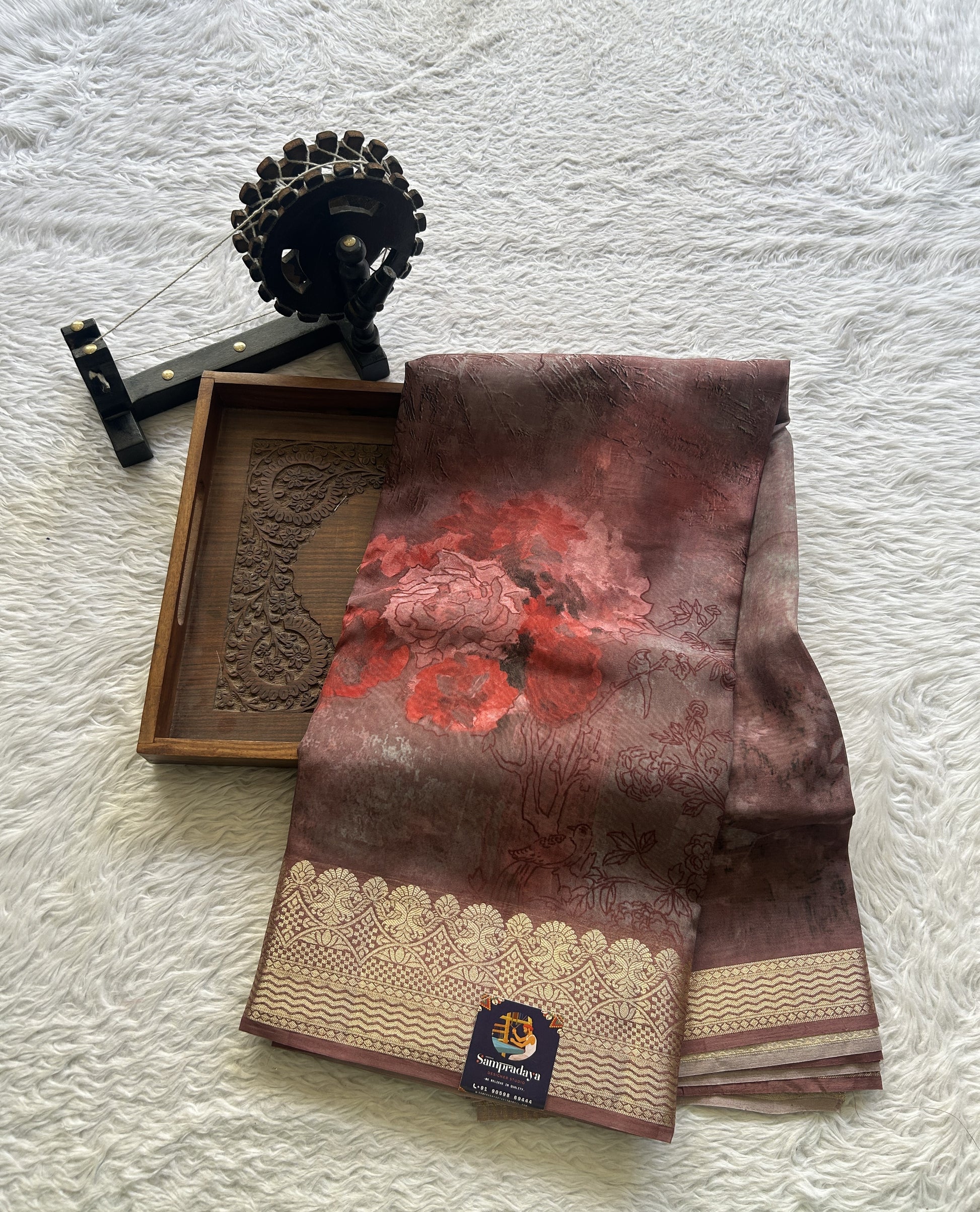 Banarasi Soft Silk Saree Dark Mauve Colored Complemented with a Zari Border. - Sampradaya Designer Studio