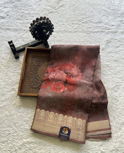 Banarasi Soft Silk Saree Dark Mauve Colored Complemented with a Zari Border. - Sampradaya Designer Studio