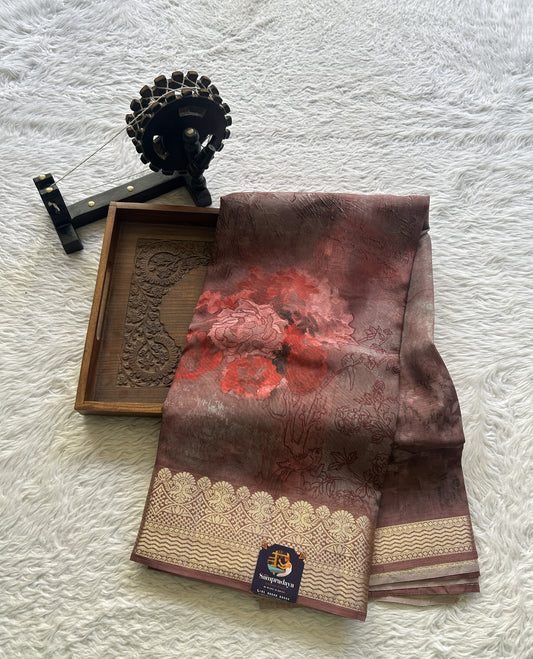 Banarasi Soft Silk Saree Dark Mauve Colored Complemented with a Zari Border. - Sampradaya Designer Studio