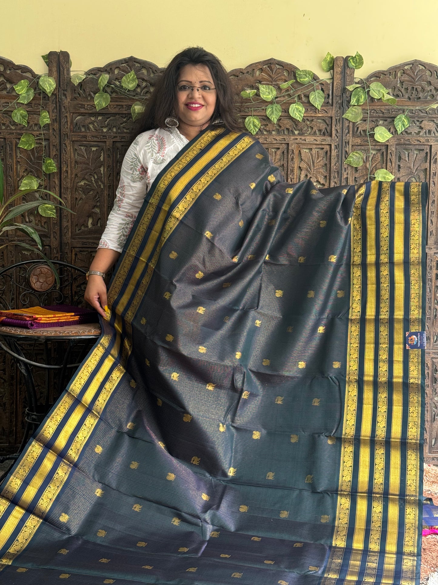 Pure Kanjivaram Silk Saree Peacock Blue Complemented with a Gold Zari Border.zw - Sampradaya Designer Studio
