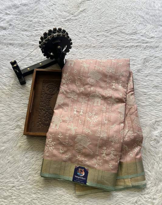 Semi Tussar Saree Baby Pink Colored complemented with a Sea Blue Zari Border. - Sampradaya Designer Studio