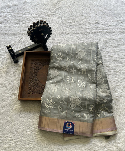 Semi Tussar Saree Gray Colored complemented with a Light Pink Zari Border. - Sampradaya Designer Studio