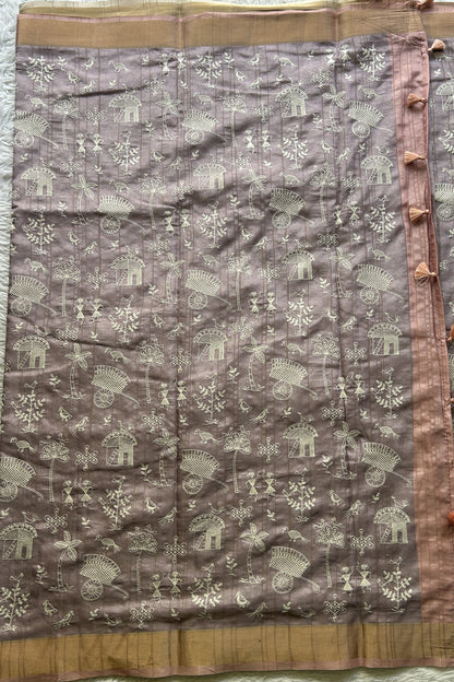 Semi Tussar Saree Light Lavender Colored complemented with a Peach Zari Border. - Sampradaya Designer Studio