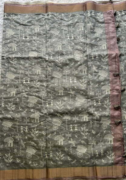 Semi Tussar Saree Gray Colored complemented with a Light Pink Zari Border. - Sampradaya Designer Studio
