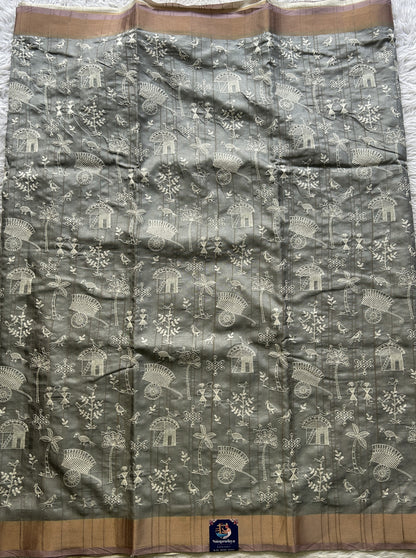 Semi Tussar Saree Gray Colored complemented with a Light Pink Zari Border. - Sampradaya Designer Studio