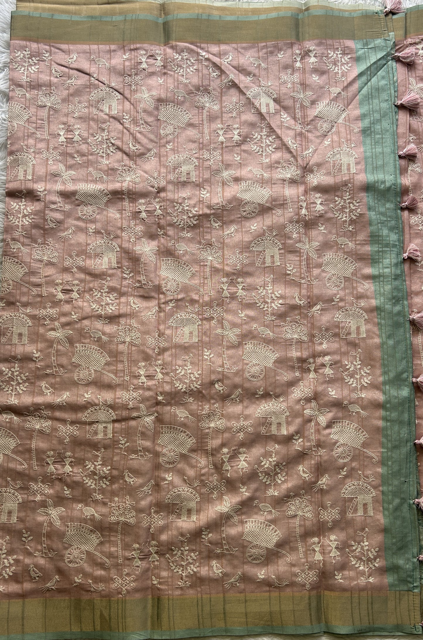 Semi Tussar Saree Baby Pink Colored complemented with a Sea Blue Zari Border. - Sampradaya Designer Studio