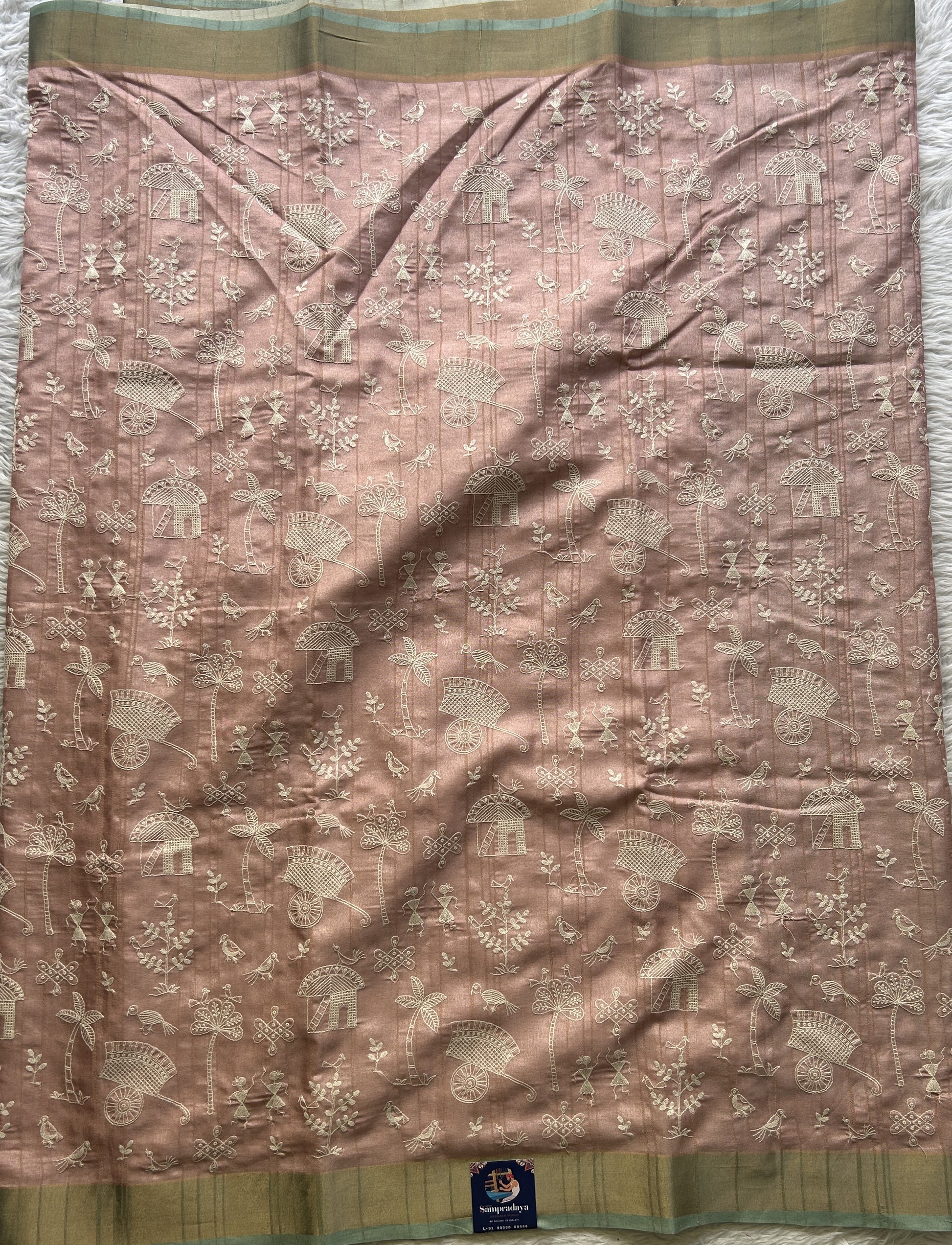 Semi Tussar Saree Baby Pink Colored complemented with a Sea Blue Zari Border. - Sampradaya Designer Studio