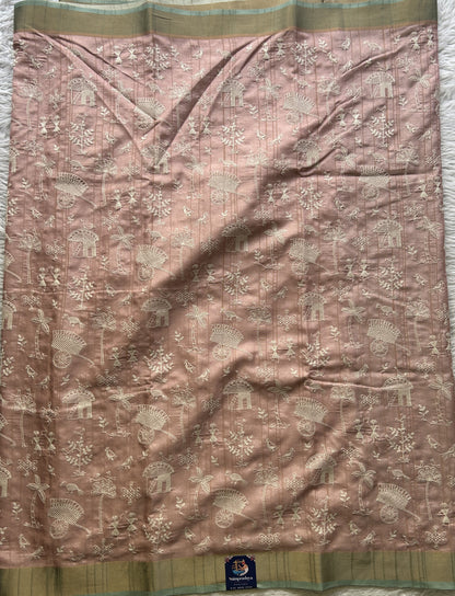 Semi Tussar Saree Baby Pink Colored complemented with a Sea Blue Zari Border. - Sampradaya Designer Studio