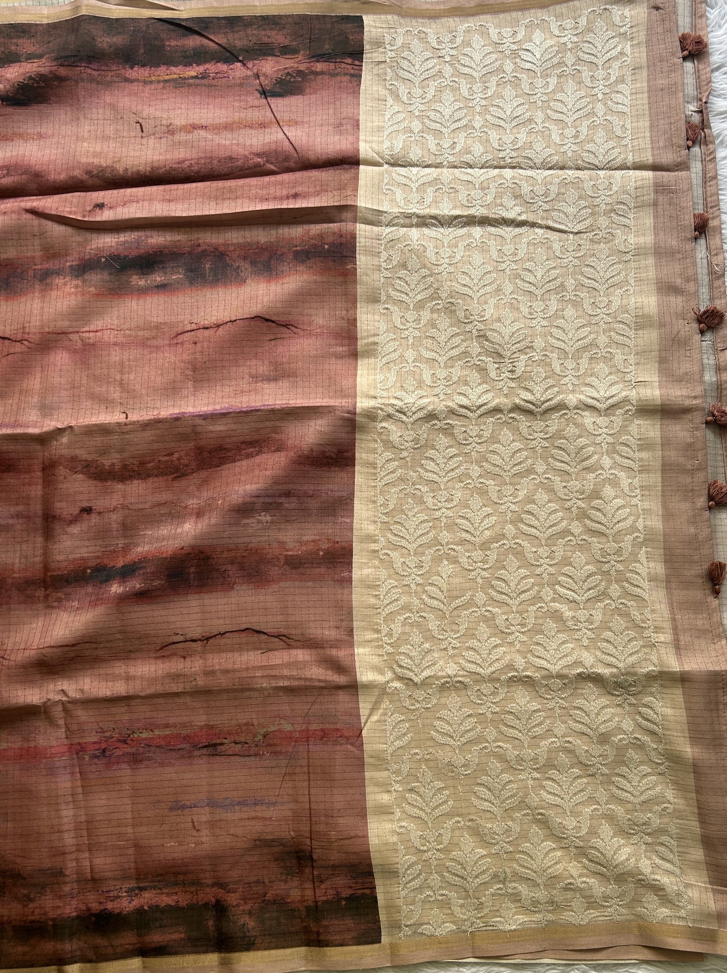 Semi Tussar Saree Rose Wood Colored complemented with a Borderless. - Sampradaya Designer Studio