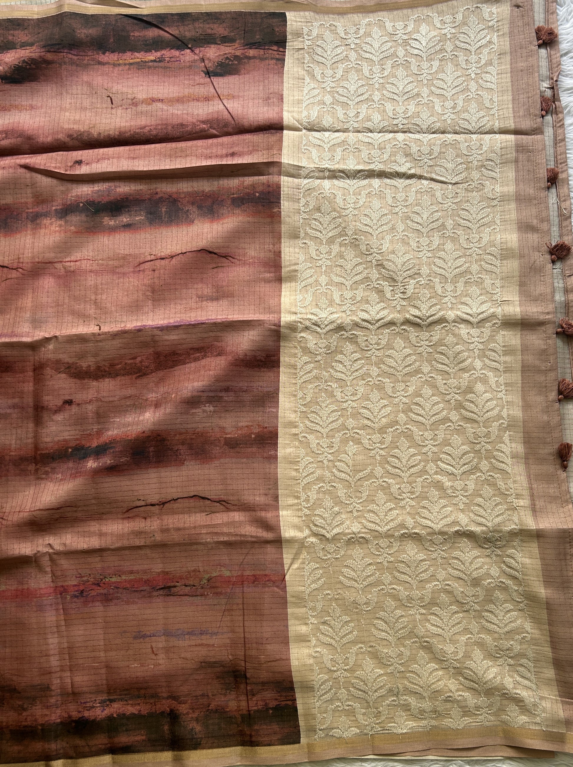 Semi Tussar Saree Rose Wood Colored complemented with a Borderless. - Sampradaya Designer Studio