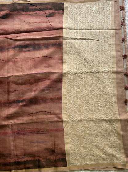 Semi Tussar Saree Rose Wood Colored complemented with a Borderless. - Sampradaya Designer Studio