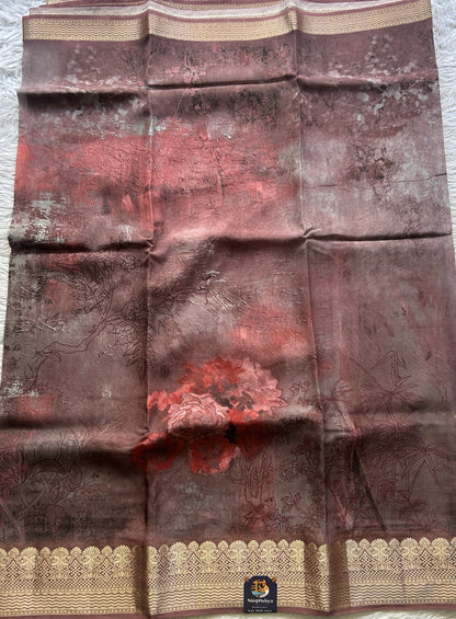 Banarasi Soft Silk Saree Dark Mauve Colored Complemented with a Zari Border. - Sampradaya Designer Studio