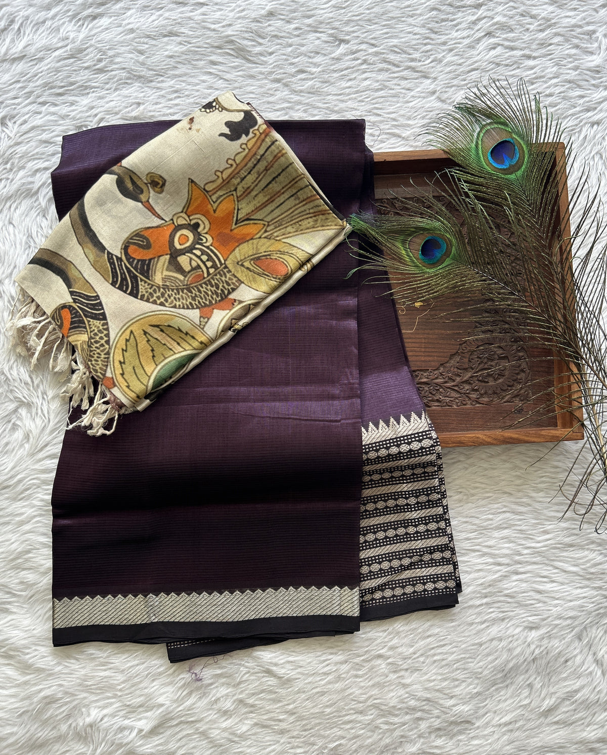 Pure Mangalagiri Pattu Dress Material Purple Colored Paired with a Cream Color Digital Print Dupatta - Sampradaya Designer Studio