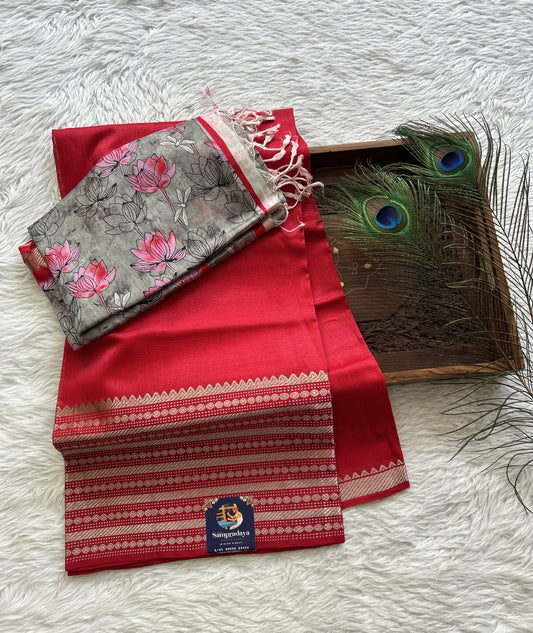 Pure Mangalagiri Pattu Dress Material Red Colored Paired with a Gray Color Digital Print Dupatta - Sampradaya Designer Studio