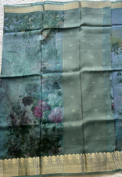 Banarasi Soft Silk Saree Teal Blue Colored Complemented with a Zari Border. - Sampradaya Designer Studio