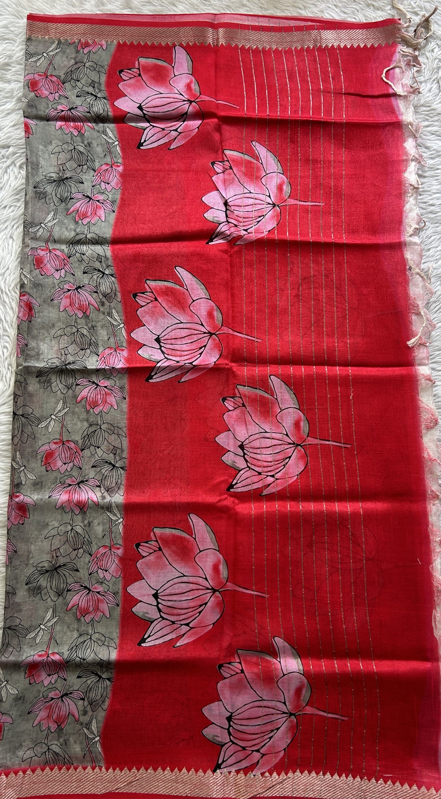 Pure Mangalagiri Pattu Dress Material Red Colored Paired with a Gray Color Digital Print Dupatta - Sampradaya Designer Studio