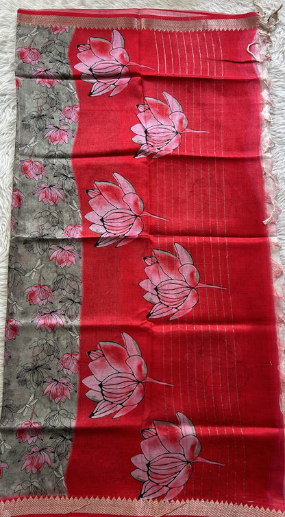 Pure Mangalagiri Pattu Dress Material Red Colored Paired with a Gray Color Digital Print Dupatta - Sampradaya Designer Studio