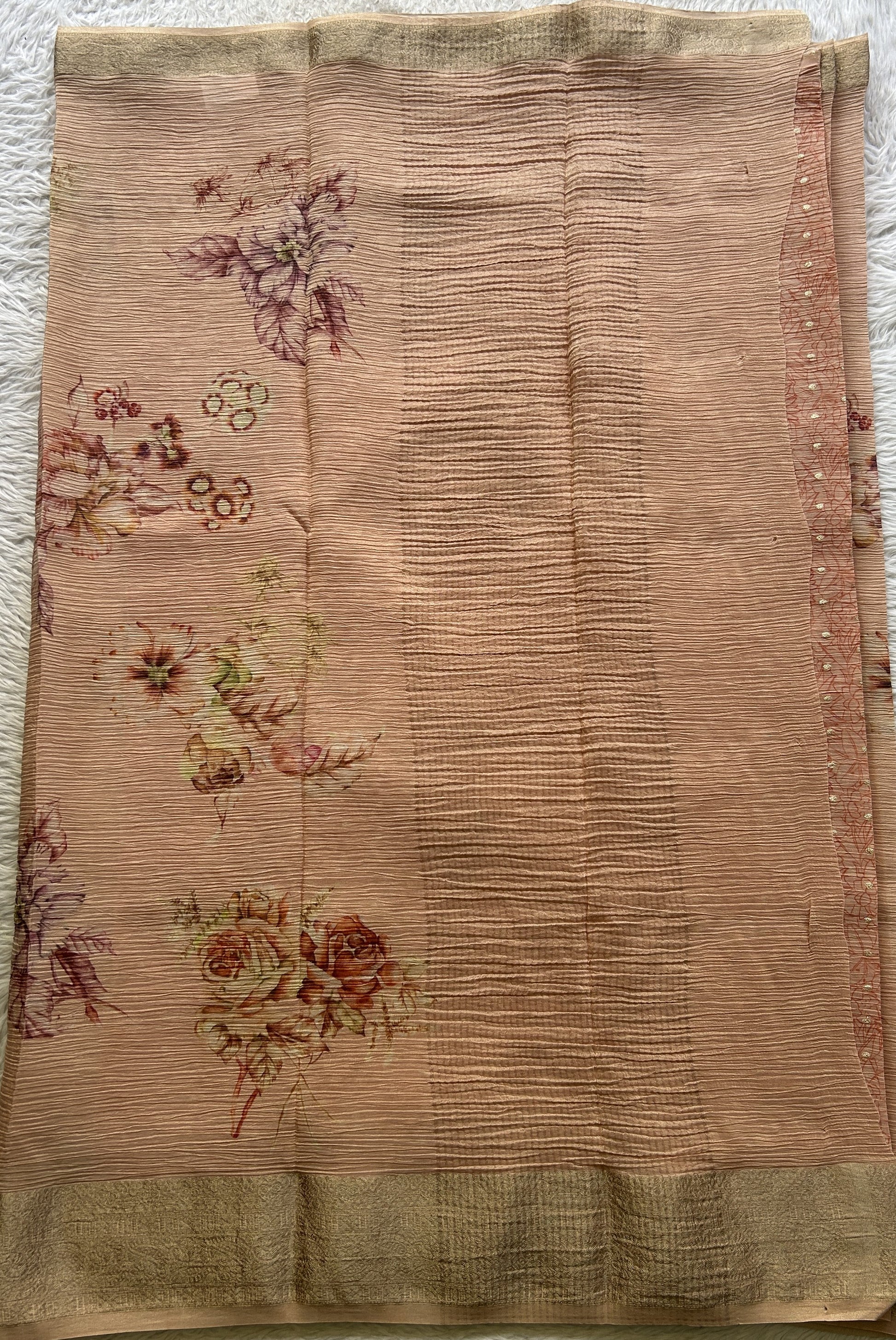 Banarasi Fancy Crushed Saree Light Peach Colored Complemented with a Zari Border. - Sampradaya Designer Studio