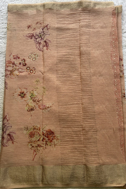 Banarasi Fancy Crushed Saree Light Peach Colored Complemented with a Zari Border. - Sampradaya Designer Studio