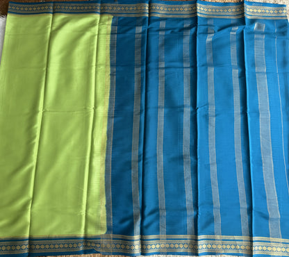 Sea Green Mysore Crepe Silk Saree with Silver Zari Border | Pure Handloom | Silk Mark Certified