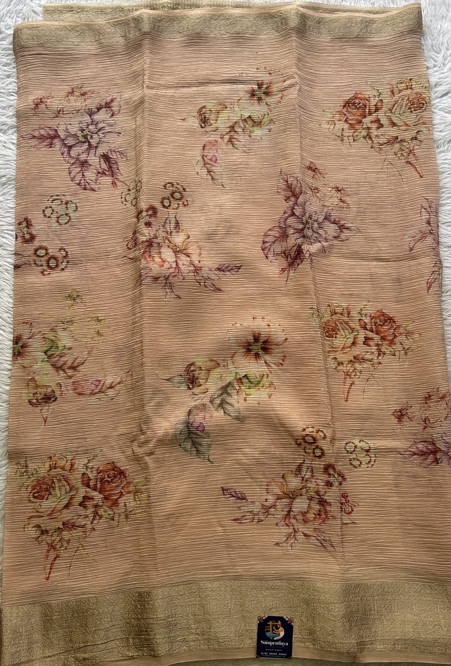 Banarasi Fancy Crushed Saree Light Peach Colored Complemented with a Zari Border. - Sampradaya Designer Studio