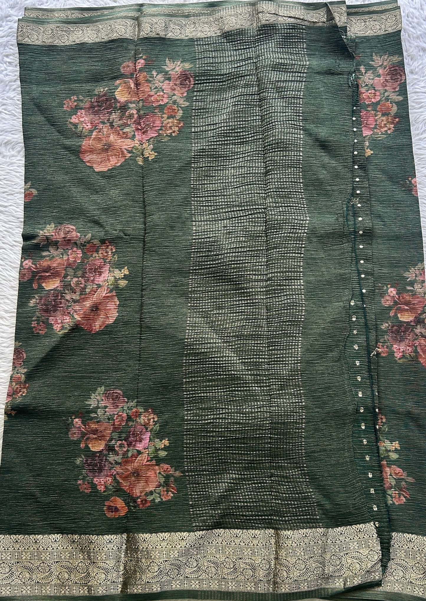 Banarasi Fancy Crushed Saree Bottle Green Colored Complemented with a Zari Border. - Sampradaya Designer Studio