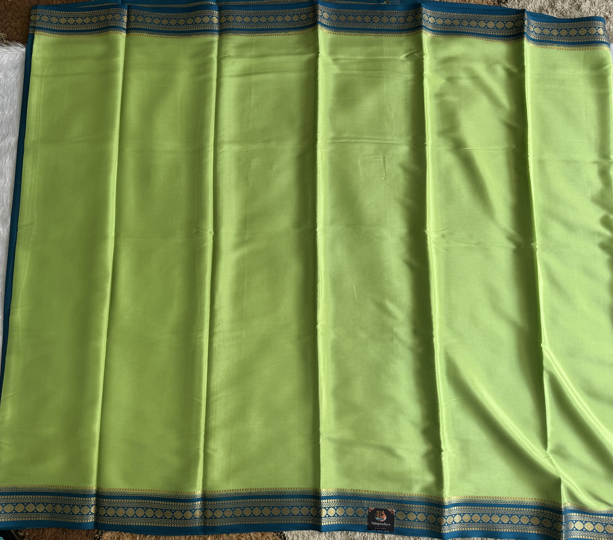 Sea Green Mysore Crepe Silk Saree with Silver Zari Border | Pure Handloom | Silk Mark Certified