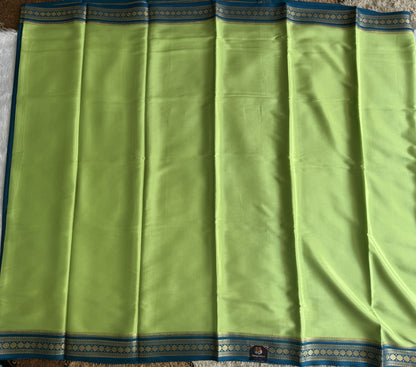 Sea Green Mysore Crepe Silk Saree with Silver Zari Border | Pure Handloom | Silk Mark Certified
