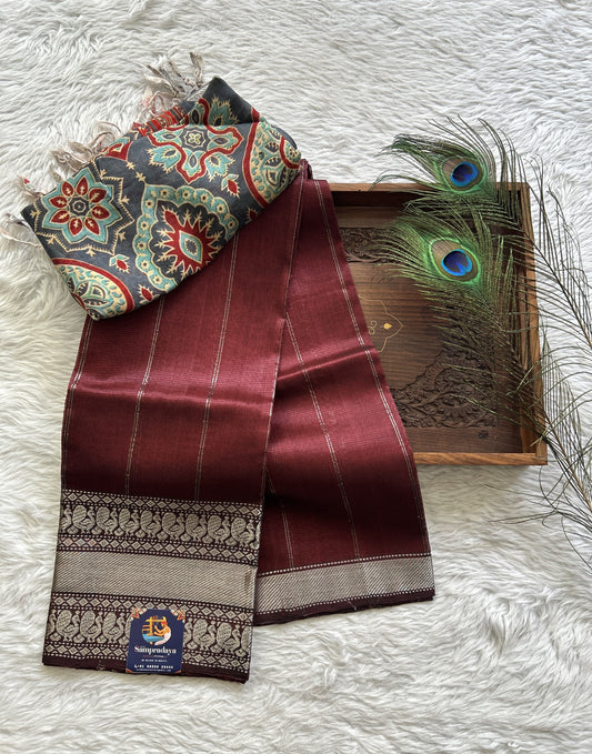 Pure Mangalagiri Pattu Dress Material Brown Colored Paired with a Gray Color Digital Print Dupatta - Sampradaya Designer Studio